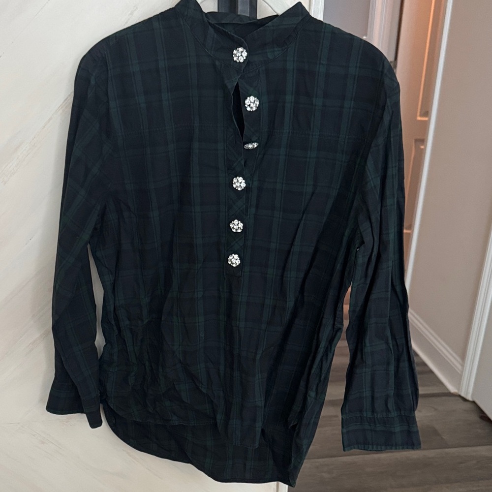 J. Crew Dark Green Plaid Button-Up Shirt with Rhinestone Buttons
